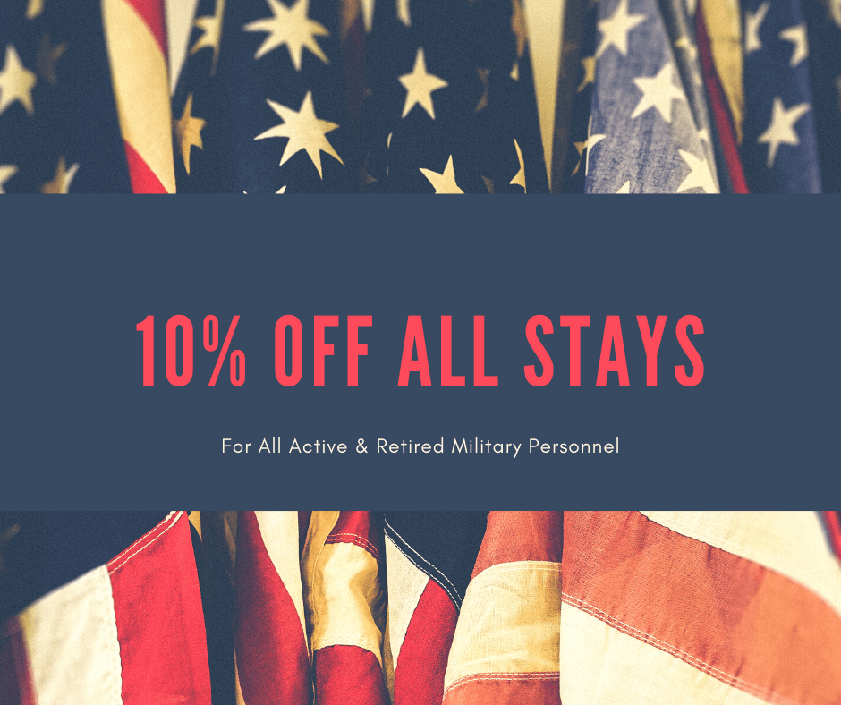 Promo card featuring the American flag and the text "10% off all stays" for military personnel